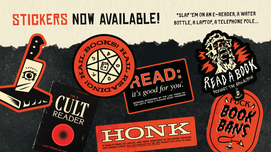 Last Press on the Left sticker pack — die-cut book stickers on a black background