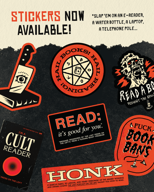 Last Press on the Left sticker pack — die-cut book stickers on a black background